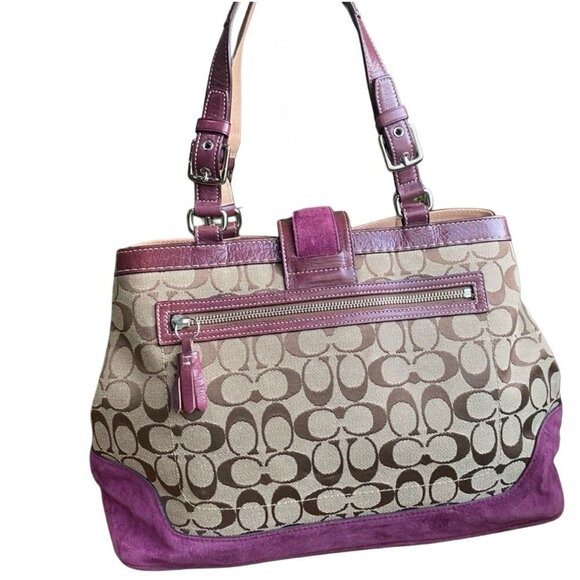 Vtg Coach Colorblock Beige/Purple Signature Canvas Demi Striped Tote, Suede Trim - Picture 4 of 7